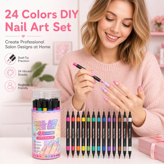 💅 DESCONTO DE 50% POR TEMPO LIMITADO! 💥 Conjunto de 24 canetas de duas pontas para nail art – Criativas, com qualidade de salão, fáceis de usar em casa ✨