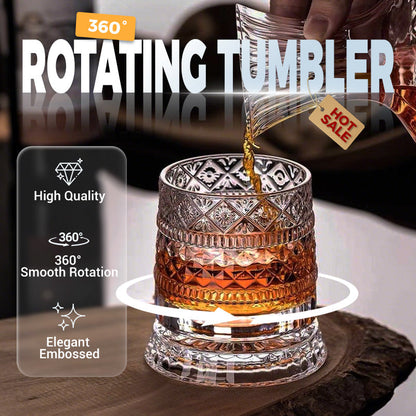 🥃50% OFF NOW! 360° Rotating Whiskey Glass Tumbler – Vintage Embossed Crystal Spinning Old Fashioned Glass, Luxury Rotatable Cocktail Glass for Bar, Home & Party