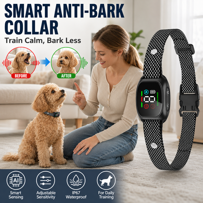 Coleira anti-latido – O sistema inteligente anti-falsos alarmes filtra os outros latidos. Resistente à água (IP67) e recarregável por USB – treino sem preocupações em qualquer lugar! 💦✅