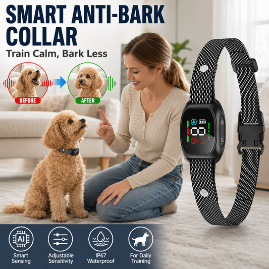 Coleira anti-latido – O sistema inteligente anti-falsos alarmes filtra os outros latidos. Resistente à água (IP67) e recarregável por USB – treino sem preocupações em qualquer lugar! 💦✅