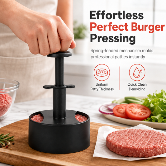 🍔 DESCONTO DE 50% POR TEMPO LIMITADO ✨ Prensa para hambúrgueres e moldes para hambúrgueres — Retorno automático por mola, desmoldagem rápida