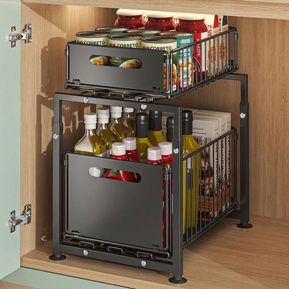 💪 50% DE DESCONTO! 🥫 Prateleira Deslizante Dupla Organizadora de Armário – 5 alturas ajustáveis, 2 bandejas & aço carbono resistente – Grande capacidade, sem necessidade de instalação – Ideal para cozinha & organização ✨