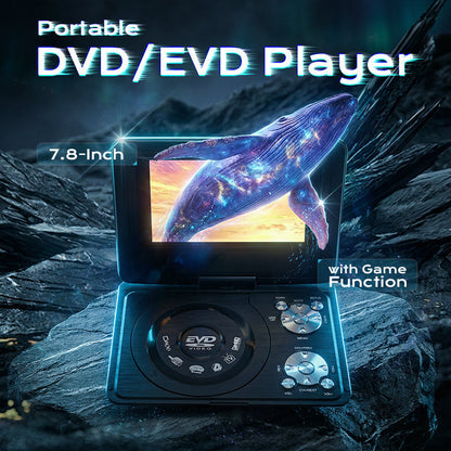 Leitor portátil de DVD e EVD de 7,8 polegadas com função de jogos, ecrã giratório; leitor portátil recarregável de CD e DVD para o carro, casa e viagens