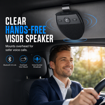 🚗SP11: Altifalante mãos-livres Bluetooth para pala de sol do carro, com ativação automática por vibração, compatibilidade com A2DP e aviso de voz para identificação de chamadas